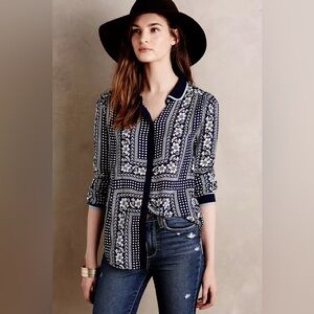 Anthropologie Navy and White Patterned Blouse